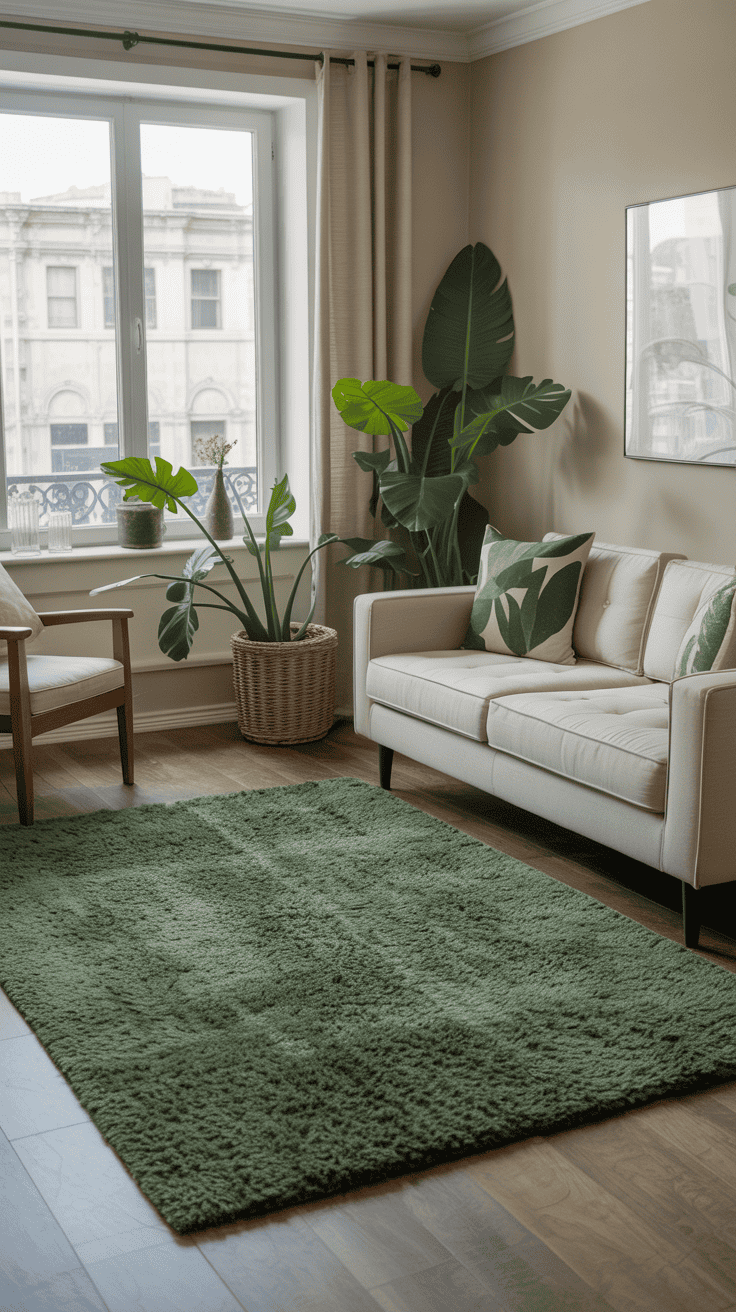 A cozy living room featuring a green statement rug, plants, and stylish furniture.