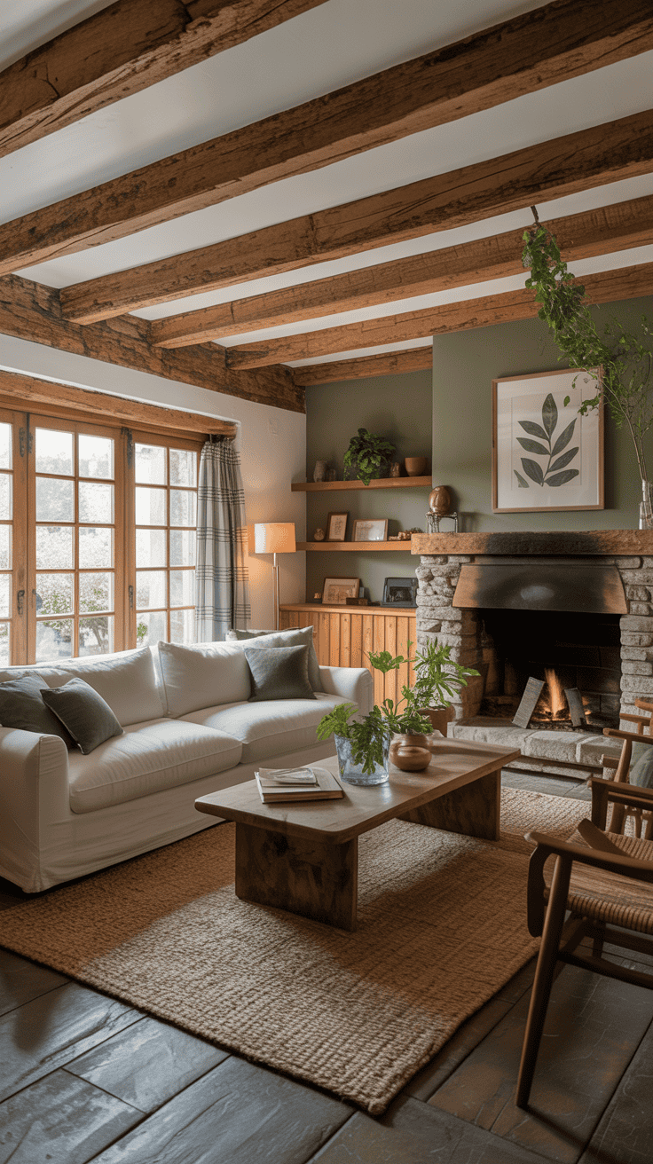 A cozy living room featuring rustic green accents, wooden beams, and a stone fireplace.