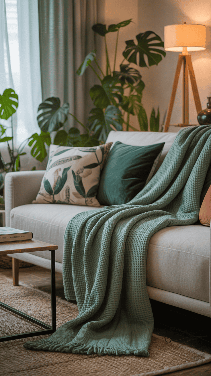 A cozy living room with a green throw blanket draped over a sofa, complemented by decorative pillows and plants.