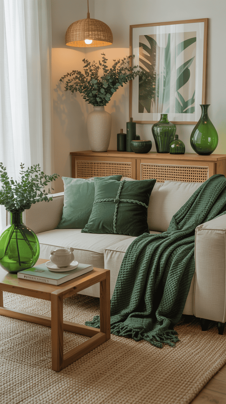 A cozy living room with green decorative accessories, including pillows and vases.
