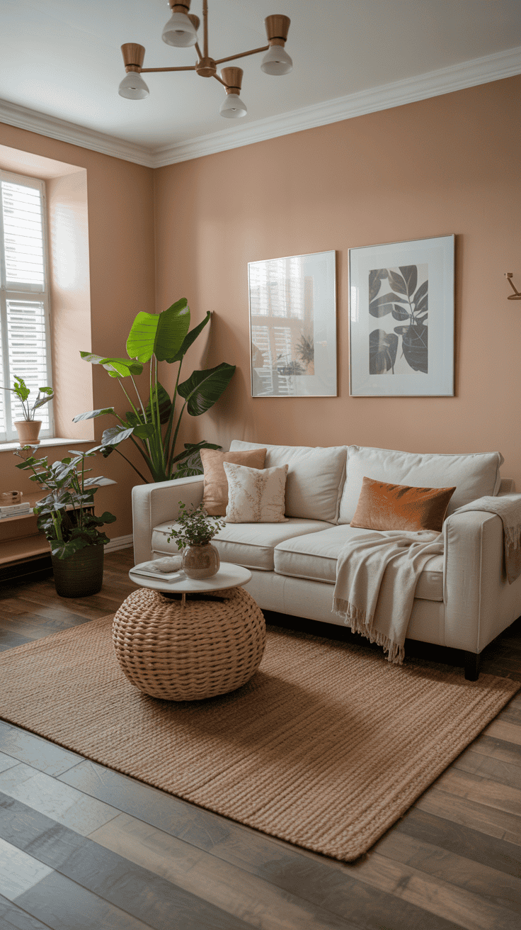 A cozy living room with natural fiber rug, plants, and warm wooden flooring.