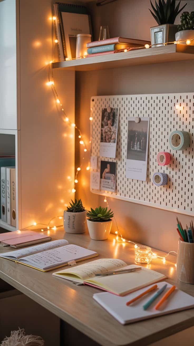 String lights brightening a teen bedroom study desk and shelving area.