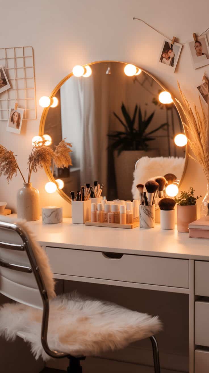 Mirror decorated with warm string lights in a cosy teen vanity setup.