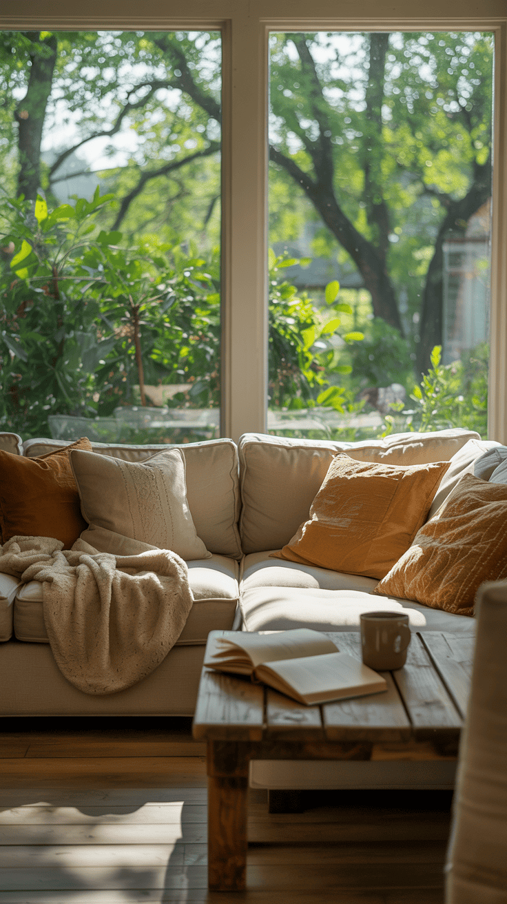 Cozy living room with large windows showcasing green outdoor views.