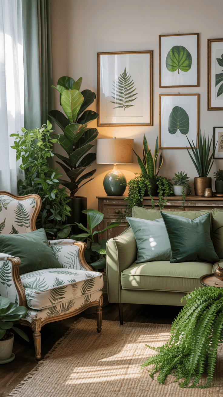 A cozy living room featuring mixed green patterns with plants and artwork.