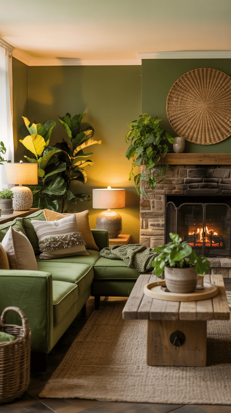 Cozy green living room with earthy tones and textures, featuring a fireplace, plants, and comfortable furniture.