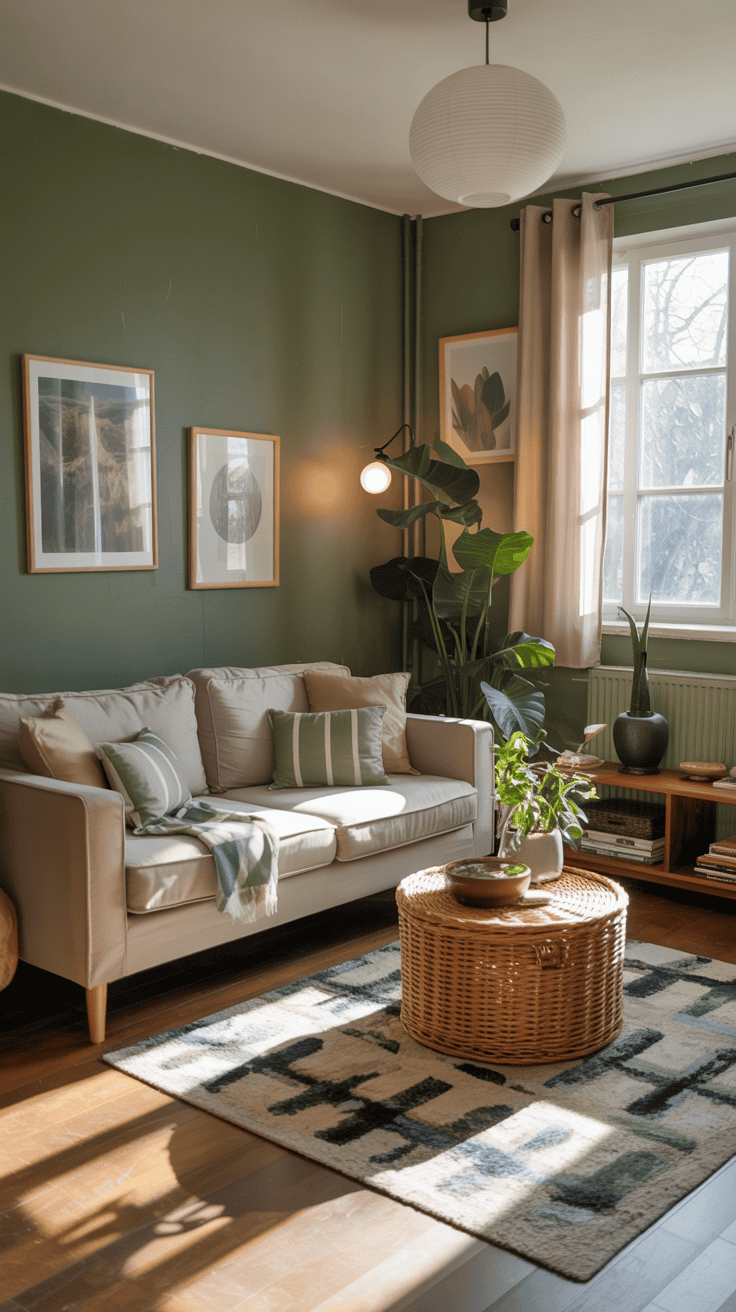 Cozy green living room with sustainable furniture and natural light.