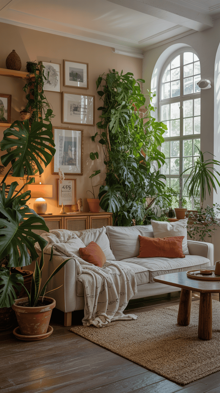Cozy living room filled with lush indoor plants and a comfortable sofa.
