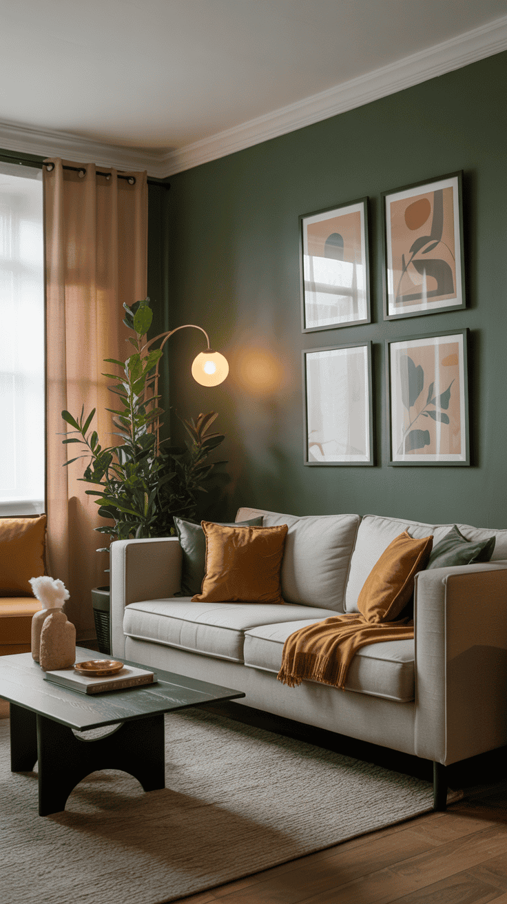 Cozy living room with a green accent wall, modern furniture, and warm decor.