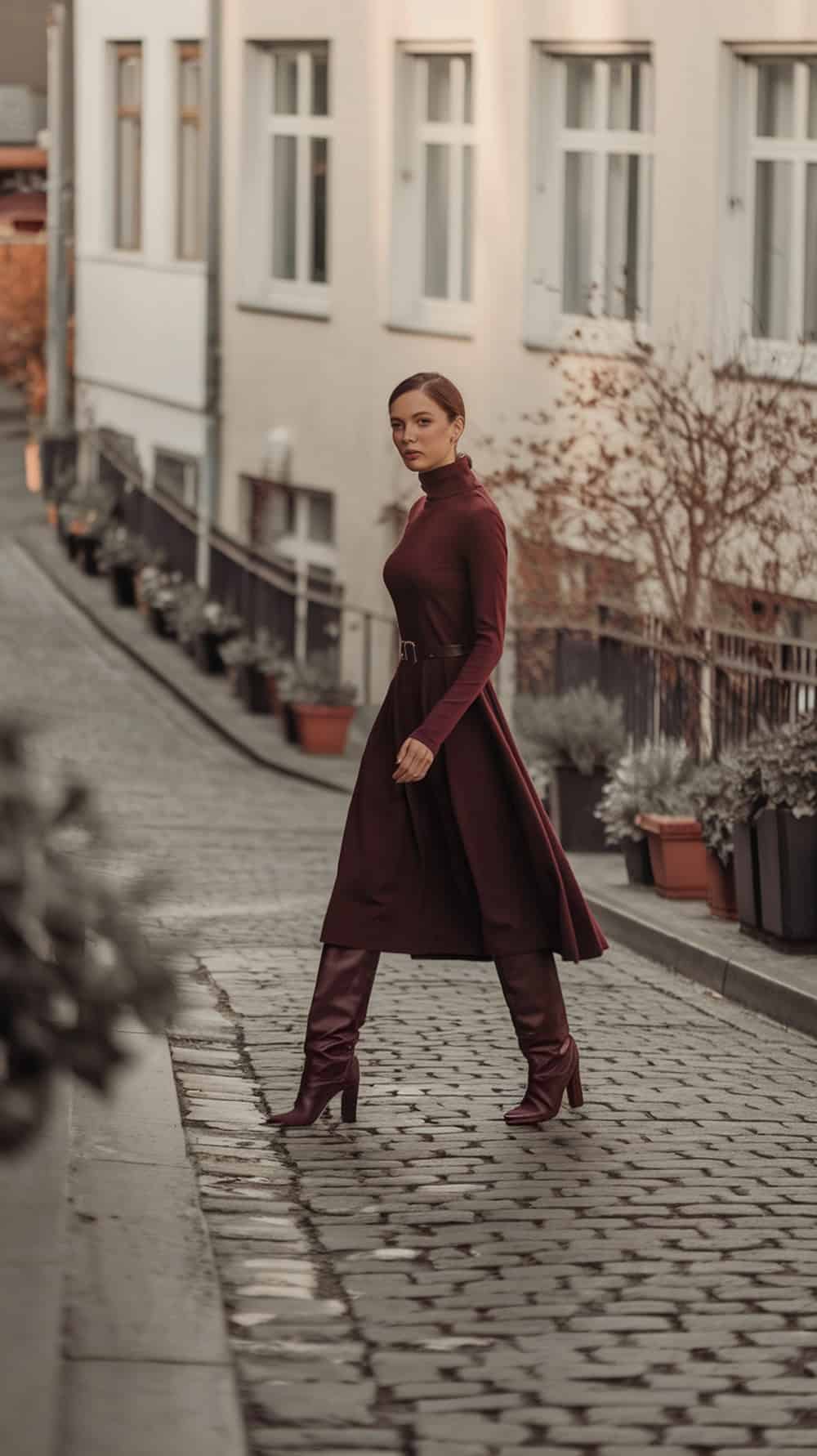A woman walking in a turtleneck dress and knee-high boots on a cobblestone street.