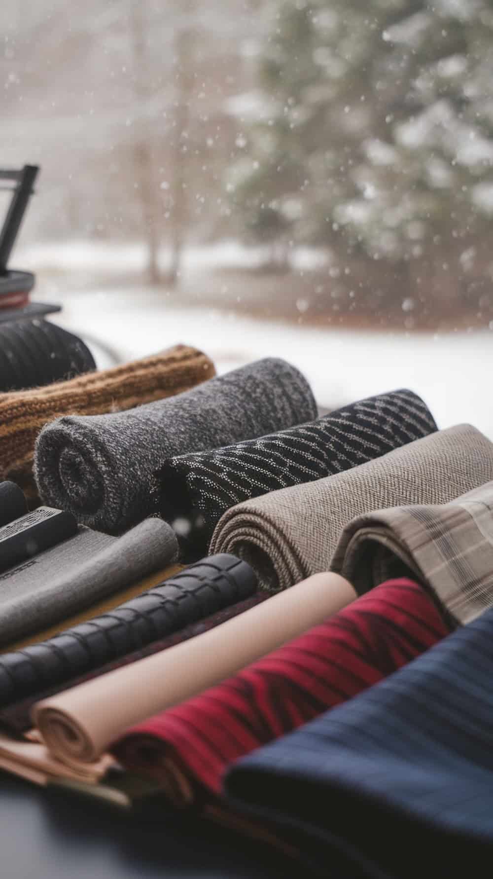 A variety of rolled fabrics in different colors and patterns, suitable for winter clothing.