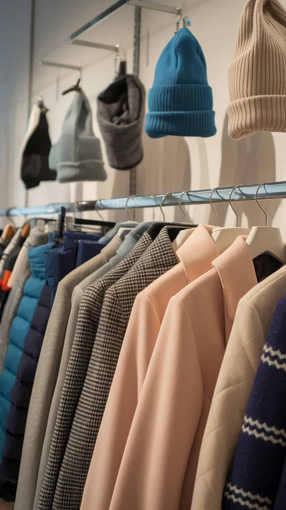 A display of winter clothing including coats and hats, showcasing various fabrics suitable for winter fashion.