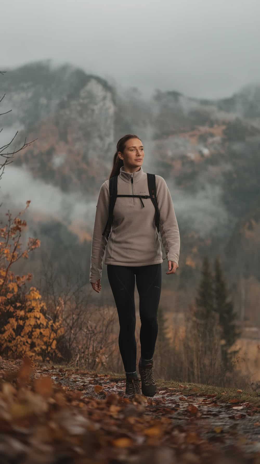 A woman wearing a fleece pullover and thermal leggings walking in a scenic outdoor setting.