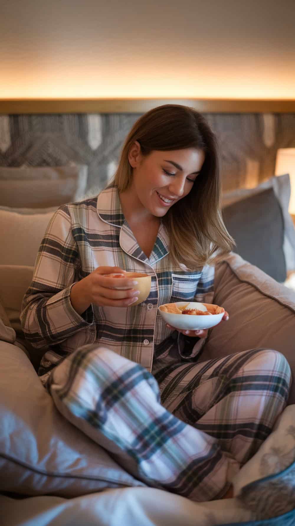 A woman in a plaid pajama set enjoying breakfast in bed.