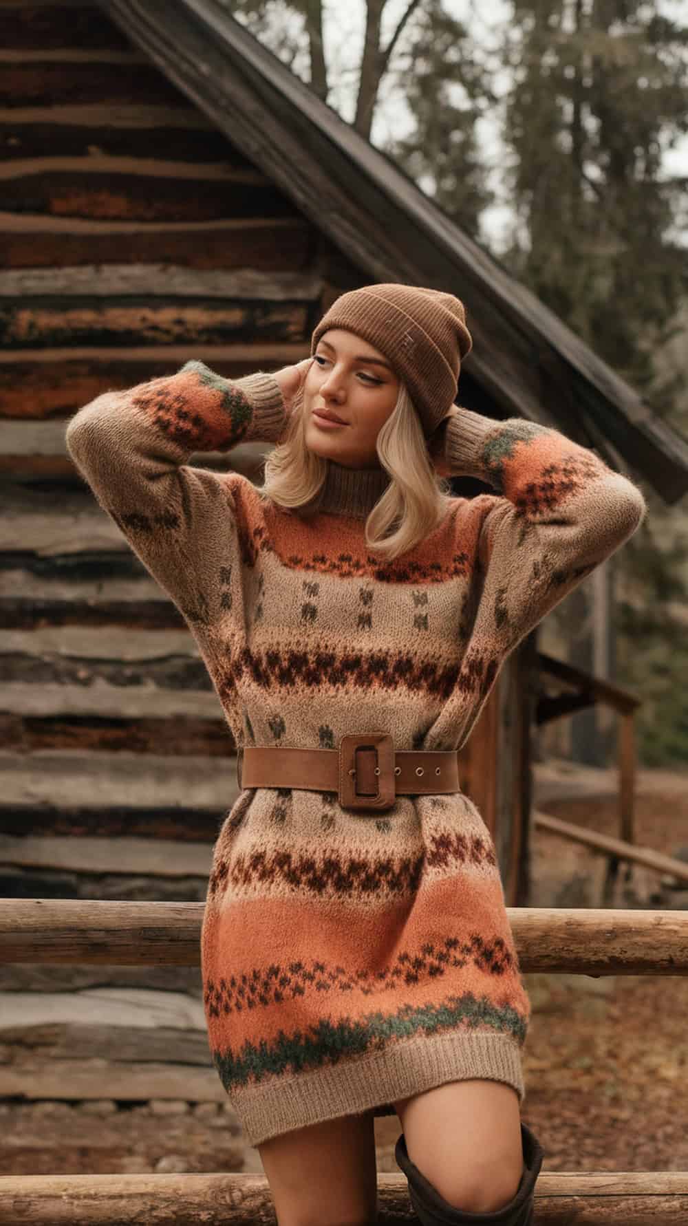 A woman wearing a cozy sweater dress with a belt, set against a rustic background.