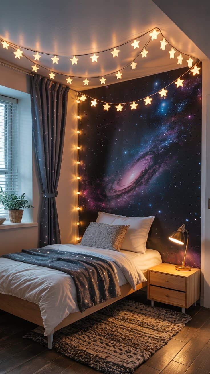 Galaxy-inspired teen bedroom corner with star lights and layered warm string lighting.