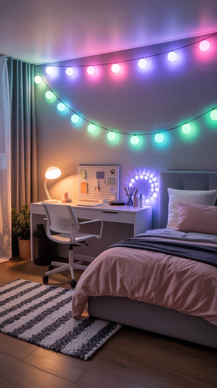 LED string lights in a teen bedroom glowing with soft pastel colours.