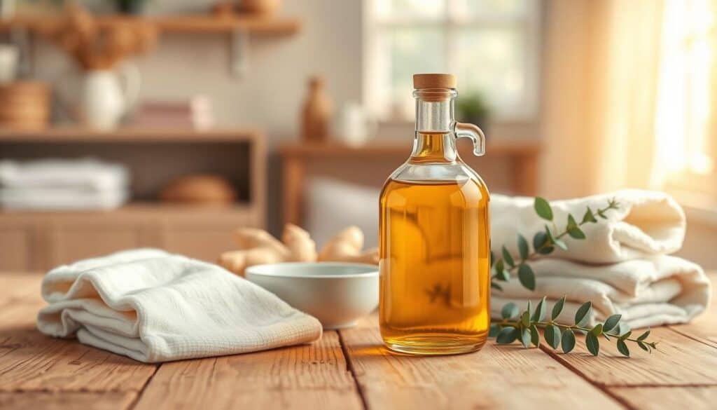 A beautifully arranged display of supplies for making a DIY Castor Oil Pack, set on a clean, rustic wooden table. In the foreground, prominently feature a clear glass bottle filled with golden castor oil, surrounded by folded cotton cloths and a small bowl. In the middle ground, showcase natural items such as a fresh ginger root and a few sprigs of eucalyptus, enhancing the holistic theme. The background should blur softly, hinting at a serene home environment with warm, natural lighting that creates an inviting atmosphere. A cozy window with soft sunlight filtering through adds a gentle glow. Capture the image from a slightly elevated angle, giving a comprehensive view of the supplies while maintaining a clean and organized look.