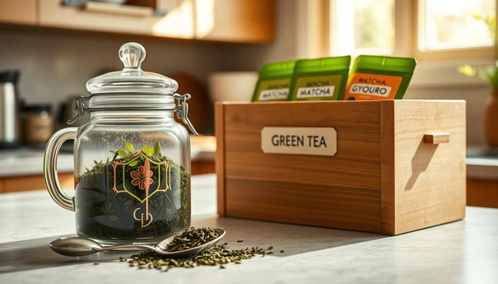 A beautifully organized kitchen countertop showcasing green tea storage techniques. In the foreground, a vintage glass tea canister filled with loose green tea leaves, with a silver spoon resting beside it. In the middle ground, a stylish wooden storage box labeled 'Green Tea' containing different varieties of tea bags (Sencha, Matcha, Gyokuro), neatly arranged. In the background, a warm, inviting kitchen setting with soft natural lighting filtering through a window, casting gentle shadows. The atmosphere conveys calmness and a sense of culinary artistry, emphasizing the importance of proper storage to preserve the essence of green tea. No human subjects present, ensuring focus is solely on the tea storage.
