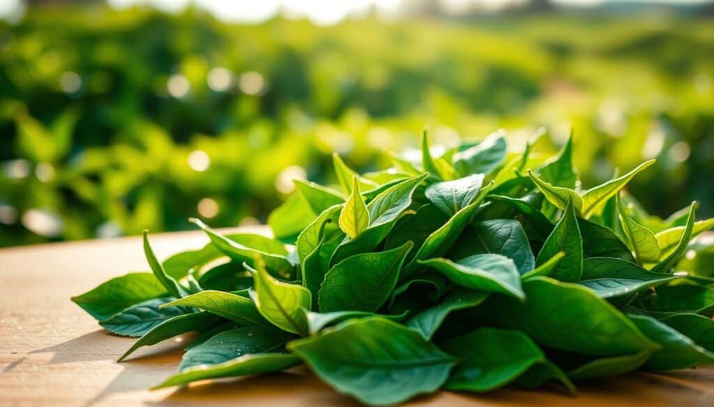 A close-up view of vibrant green tea leaves, showcasing their rich texture and deep green hues. The leaves should be dewy, capturing the essence of freshness, with some light morning mist surrounding them. In the foreground, a small handful of leaves rests on a smooth, natural surface, perhaps a wooden table, offering a rustic feel. In the middle, the leaves are beautifully arranged, highlighting their serrated edges and glossy surfaces. The background features soft, blurred images of a lush tea plantation, with gentle sunlight filtering through the leaves, creating a serene and tranquil atmosphere. The lighting should be warm and inviting, emphasizing the healthful and calming qualities of green tea. The angle is slightly above eye level, allowing for an engaging perspective on the delicate intricacies of the leaves.