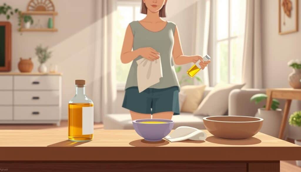 A cozy, well-lit domestic setting featuring a step-by-step castor oil pack tutorial. In the foreground, a neatly arranged table displays a bottle of castor oil, a clean, soft cotton cloth, and a small bowl for oil pouring. The middle ground showcases a hands-on demonstration with a person wearing modest casual clothing, gently applying the castor oil onto the cloth, with a bottle nearby ready for use. The background provides a glimpse into a tranquil living space, with natural light streaming through a window, highlighting the soothing atmosphere. The overall mood is calm and inviting, emphasizing wellness and home care. Soft shadows and warm tones create a peaceful ambiance, fostering an environment for personal health rituals.
