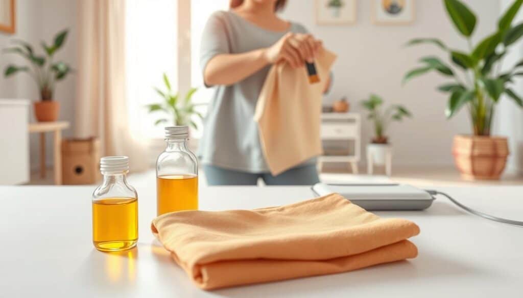 A serene and informative setting showcases the "Step-by-Step Castor Oil Pack Application Guide." In the foreground, a neatly arranged set of materials: a soft, warm-colored cotton cloth, a small bottle of golden castor oil, and a heat pad, all placed on a clean, white surface. In the middle ground, an individual in modest casual clothing is gently applying the castor oil with a brush to the cloth. The background features a calming, softly lit room with houseplants and natural light streaming through a window, creating a peaceful atmosphere. The camera angle is slightly elevated, focusing on the preparation process, capturing the essence of a soothing home remedy ritual. The overall mood is peaceful, educational, and inviting.