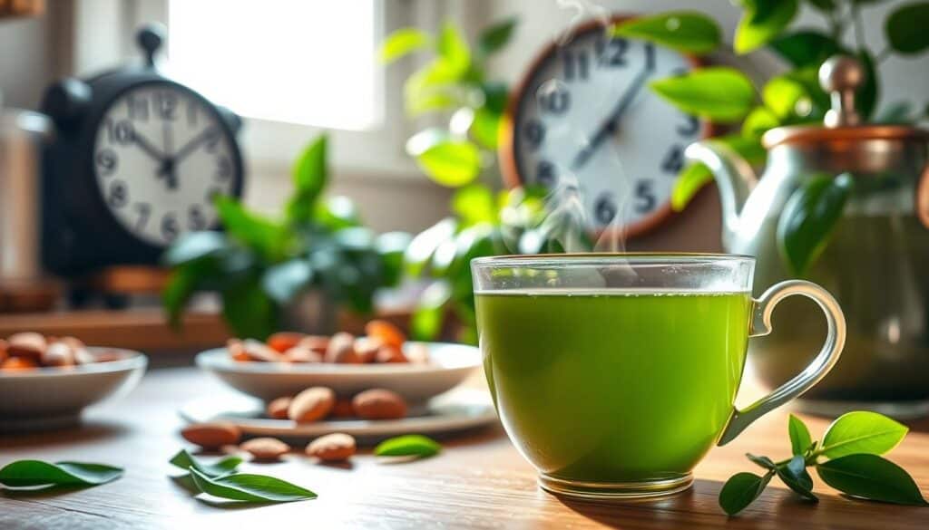 A serene and inviting kitchen scene in soft morning light, emphasizing a cozy table setting. In the foreground, a delicate ceramic teacup filled with freshly brewed green tea, with steam gently rising and a teapot nearby. Surrounding the cup, fresh green tea leaves and a small plate of light snacks like almonds and fruit. In the middle ground, a wall clock indicates optimal times such as 7 AM and 3 PM, subtly highlighted. The background features lush green plants that evoke a sense of health and wellness, softly out of focus. The atmosphere is calm and fresh, promoting a sense of mindfulness and well-being, suitable for a lifestyle article about weight management. The image is detailed and inviting, with warm, natural lighting to enhance the overall soothing vibe.
