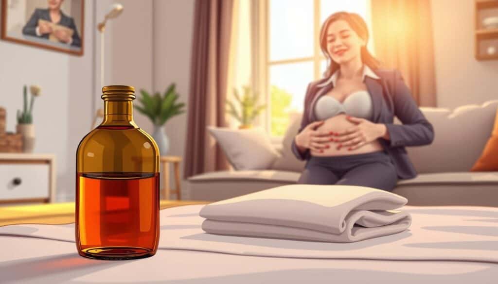 A serene home setting featuring a neatly arranged Castor Oil pack on a soft, clean cloth. In the foreground, a glass bottle of amber Castor Oil sits alongside a folded piece of flannel, emphasizing the DIY nature of the pack. The middle ground showcases a person in professional business attire or modest casual clothing, demonstrating the safe application of the pack on their abdomen, displaying a calm and relaxed expression. The background features warm, natural lighting coming in from a nearby window, creating a cozy and inviting atmosphere. The overall mood is focused on health, safety, and relaxation, highlighting the importance of being cautious while using Castor Oil packs.