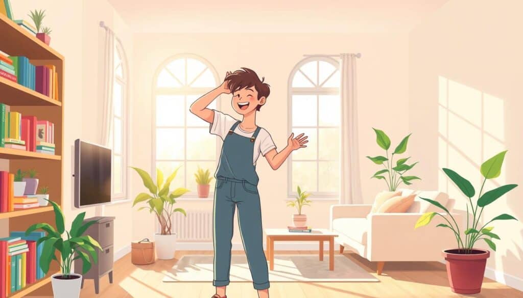 A serene indoor scene depicting the mental health benefits of cleaning and decluttering. In the foreground, a person in modest casual clothing is joyfully organizing shelves, with vibrant, colorful books and small plants neatly arranged. The middle ground features a sunlit living room with large windows, allowing natural light to pour in, casting gentle shadows across a tidy space. Potted plants add a touch of life and greenery, enhancing the calm atmosphere. In the background, a soothing wall color complements the minimalist decor and a cozy couch, inviting relaxation. The overall ambiance is tranquil and uplifting, underscoring the therapeutic power of cleaning, with soft, warm lighting and a wide-angle perspective that emphasizes openness and clarity.