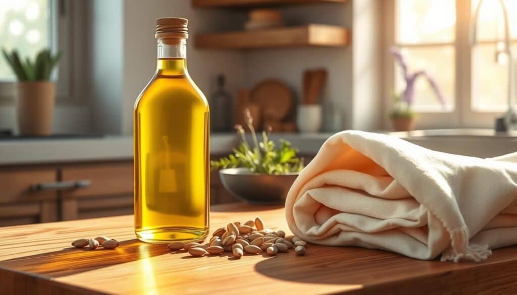 A serene kitchen setting, showcasing natural castor oil remedies. In the foreground, a beautifully arranged wooden table features a glass bottle of golden castor oil, fresh castor seeds, and an elegant, folded piece of soft cotton cloth. The middle background includes a small bowl with herbs and a few sprigs of rosemary and lavender, adding a touch of nature. Soft morning sunlight streams in through a nearby window, casting gentle shadows and creating a warm, inviting atmosphere. The scene is captured from a slightly elevated angle, emphasizing the natural textures and colors. The mood is calm and soothing, perfect for illustrating the therapeutic qualities of castor oil packs.