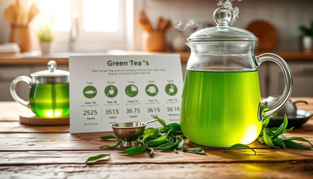 A serene setup of a green tea brewing guide layout on a rustic wooden table. In the foreground, a glass teapot filled with vibrant green tea, steam gently rising from the spout, surrounded by fresh green tea leaves. Beside it, an elegant tea set including a tea infuser and measuring spoon. In the middle ground, an illustrated guide displaying ideal brewing temperatures and steeping times for various green teas, featuring infographics with temperature icons and timers. The background shows a soft-focus kitchen scene with natural light streaming in through a window, casting gentle shadows, creating a warm, inviting atmosphere. The overall mood should evoke calmness and attention to detail, emphasizing the mastery of green tea brewing.