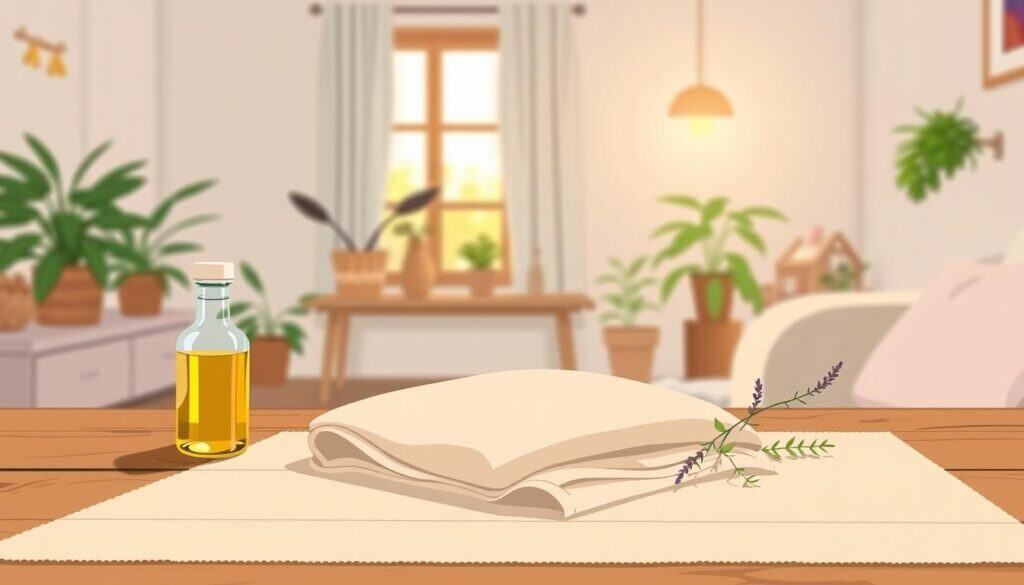 A tranquil home scene showcasing the "DIY Castor Oil Pack Care" process. In the foreground, a wooden table is adorned with a soft, folded cloth that holds a neatly arranged castor oil pack, made from a natural fabric, perhaps cotton. Next to it, a small, clear bottle of organic castor oil and a few fresh herbs, like chamomile or lavender, enhance the atmosphere. In the middle ground, a warm light filters through a nearby window, illuminating the scene and creating a cozy ambiance. The background features subtle natural elements like potted plants and softly colored walls, emphasizing a serene, homey vibe. The overall mood is calm and inviting, perfect for exploring self-care practices at home.