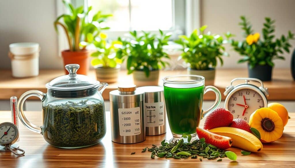 A well-organized kitchen countertop featuring common green tea mistakes. In the foreground, a teapot with over-steeped green tea, a thermometer showing high temperature, and a canister labeled "old tea leaves." In the middle, a cup emitting steam with a strong green tea color, a timer showing an excessive steeping time, and a colorful array of fresh fruits incorrectly paired with tea. The background displays potted green tea plants, soft natural light filtering through a kitchen window, creating a warm, inviting atmosphere. The image captures a sense of learning and improvement, encouraging viewers to reflect on their tea-making practices. The composition should have a slightly elevated angle, focusing on the details while maintaining a clean, organized look.
