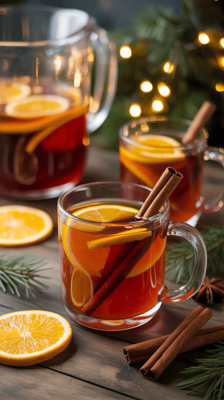 Vertical image of Spiced Winter Bourbon Punch in clear mugs with orange slices and cinnamon sticks on a rustic table with warm winter lighting.”