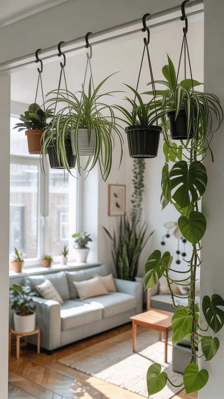A ceiling-mounted curtain rod with hanging plants acting as a divider in a bright small apartment.