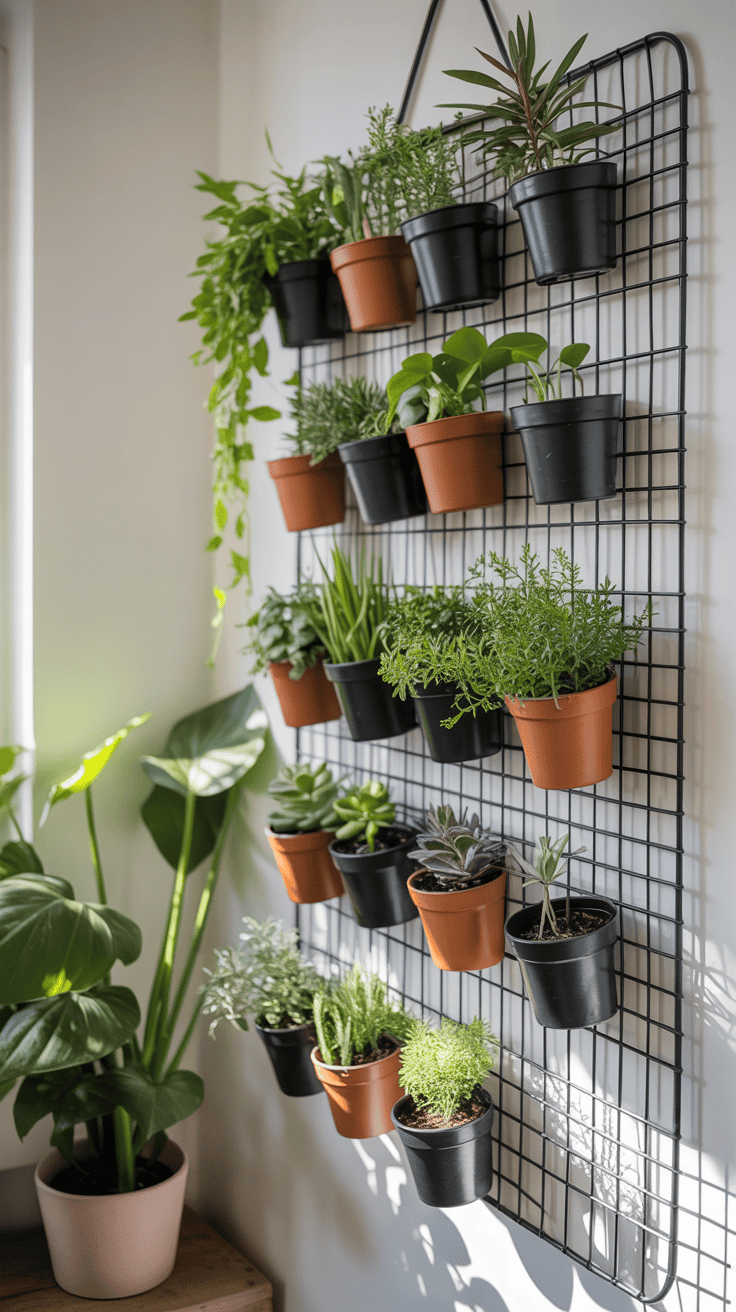 A hanging grid panel with mini pots used as a plant room divider in a small modern apartment.