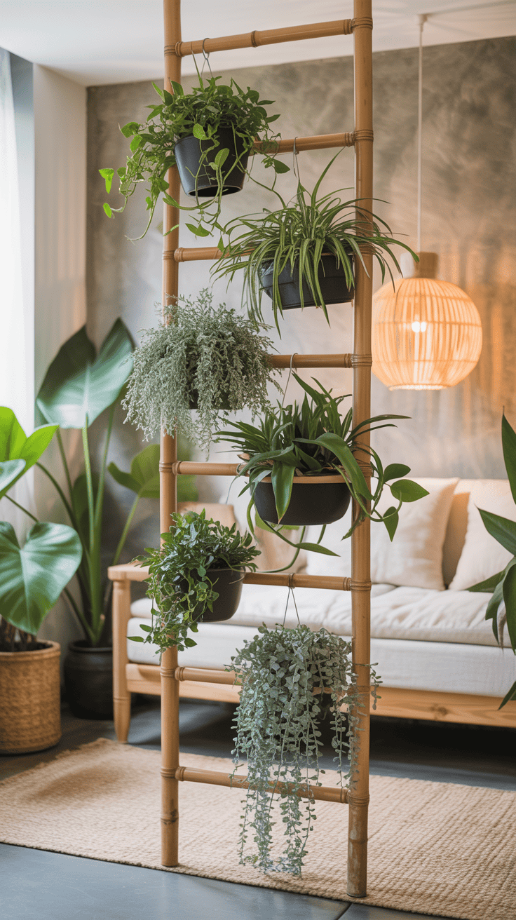 A horizontal bamboo ladder with hanging plants creating a natural room divider.