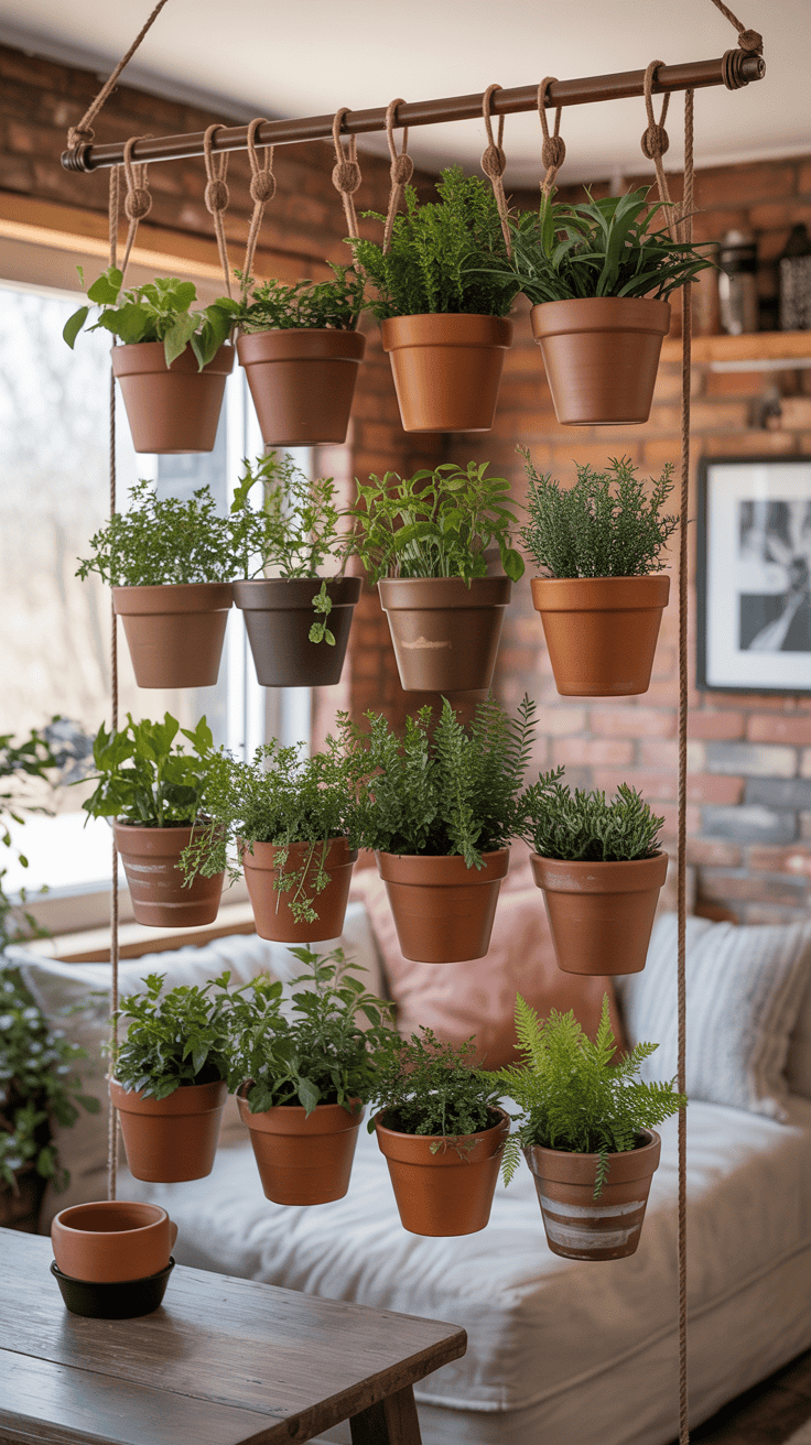 Mini terracotta pots hanging from a rod as a natural room divider.