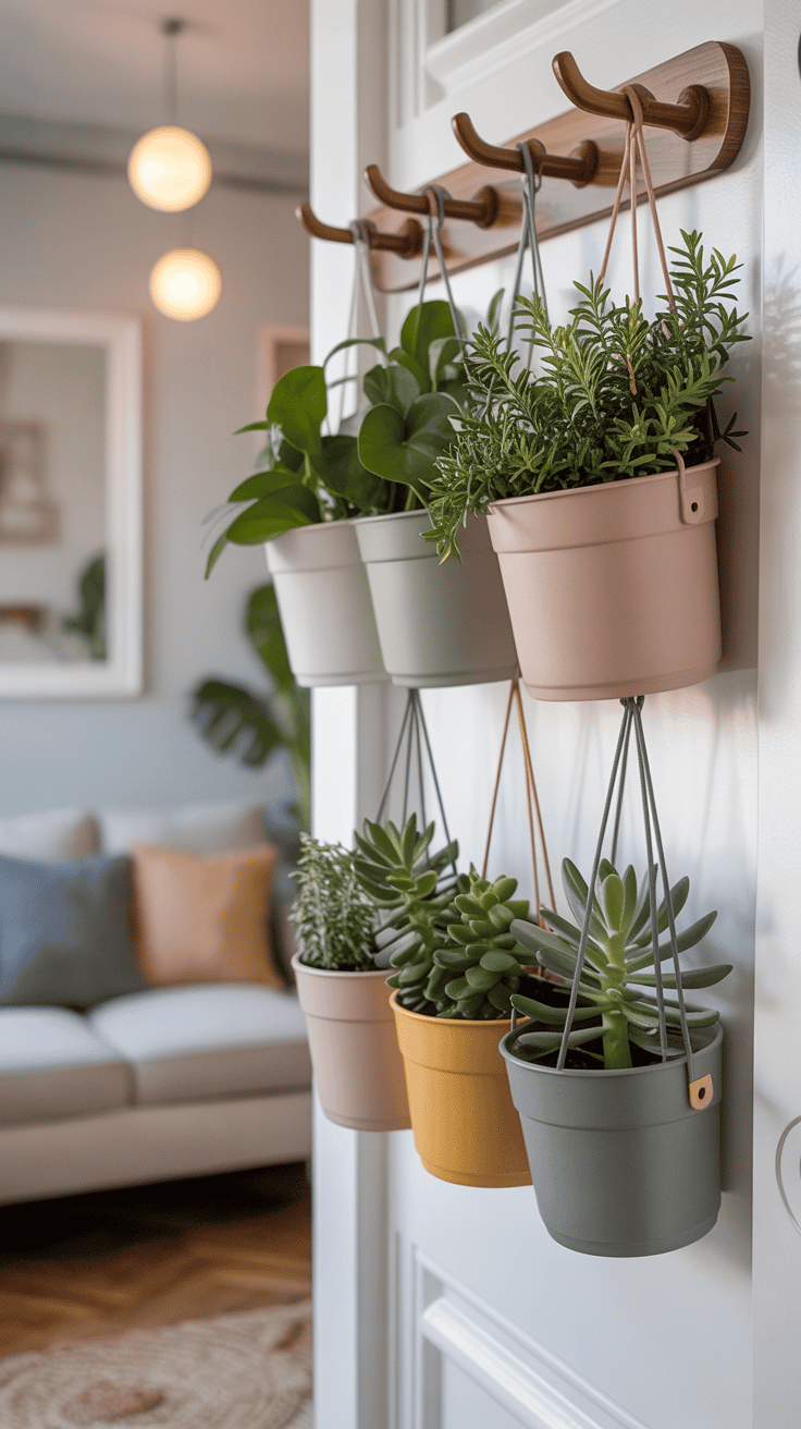 A coat rack used as a plant hanging rail to divide space in a small apartment.