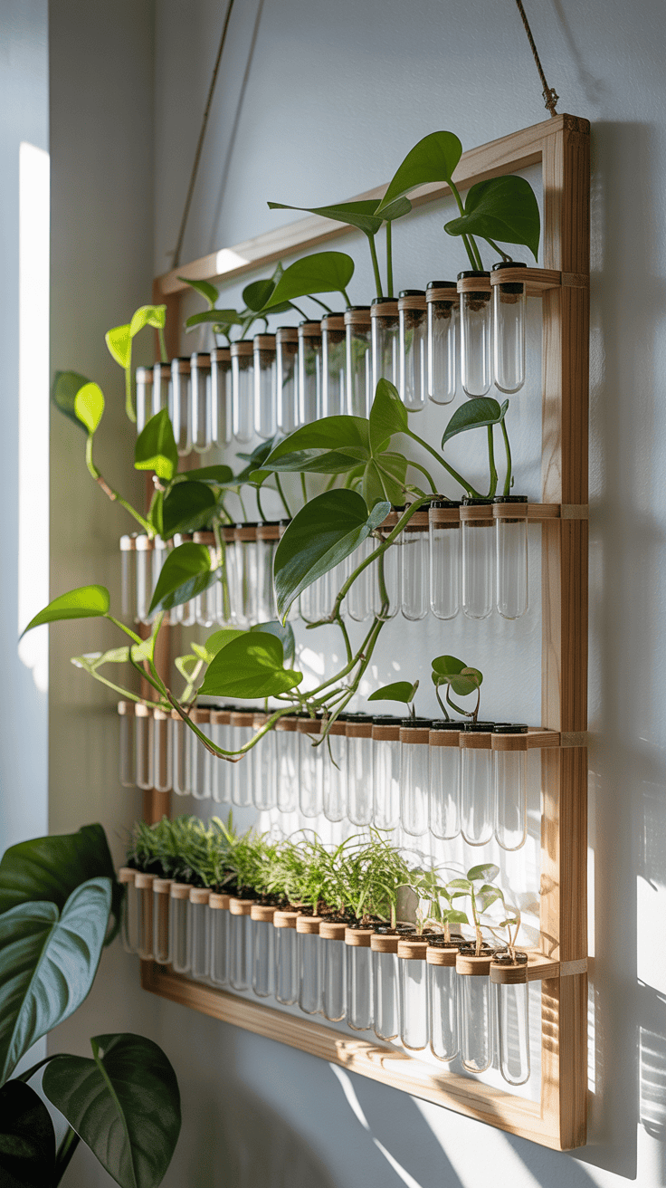 A hanging test tube propagation wall used as a delicate plant divider.
