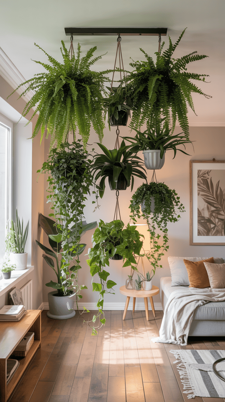 A ceiling-mounted cluster of hanging plants at staggered heights forming a natural room divider.