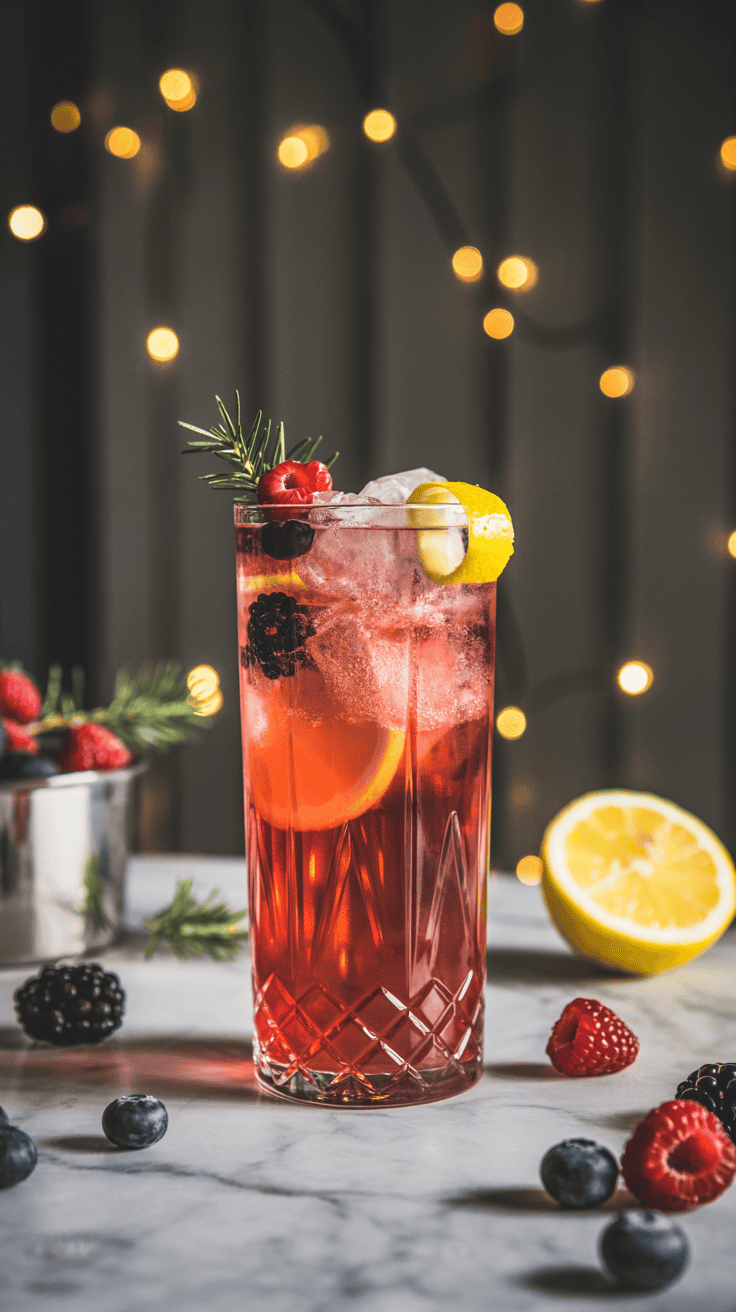 Winter Berry Bourbon Spritz in a tall glass with fresh berries, lemon twist, and sparkling top, styled with cosy winter lighting.