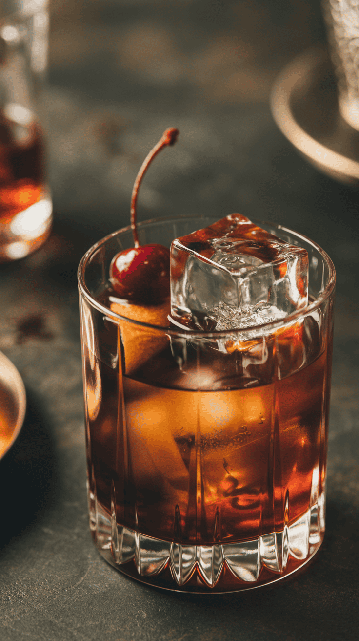 Chocolate Cherry Bourbon Old Fashioned in a crystal glass with a large ice cube and cherry garnish on a dark moody background.