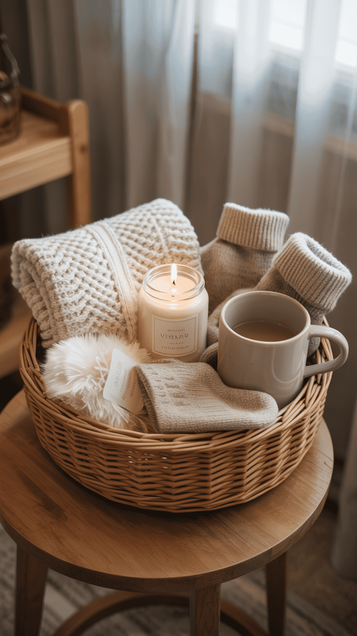 Cozy winter gift basket with folded knit blanket, candle, socks, and mug in warm neutral tones.