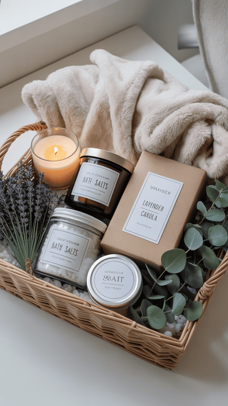 Winter spa gift basket with blanket, lavender candle, bath salts, and eucalyptus for a calm cozy vibe.
