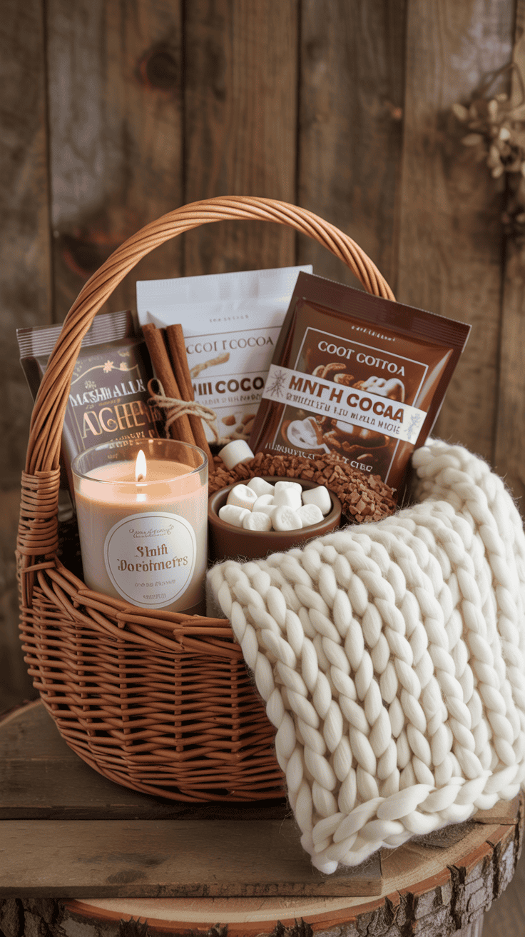 Hot cocoa gift basket with knit blanket, candle, cocoa mix, and marshmallows in a warm cozy winter style.
