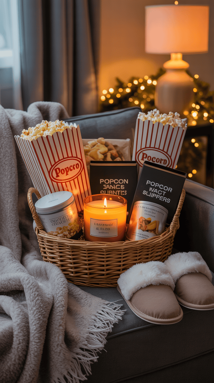 Winter movie night gift basket with blanket, popcorn, candle, snacks, and slippers.
