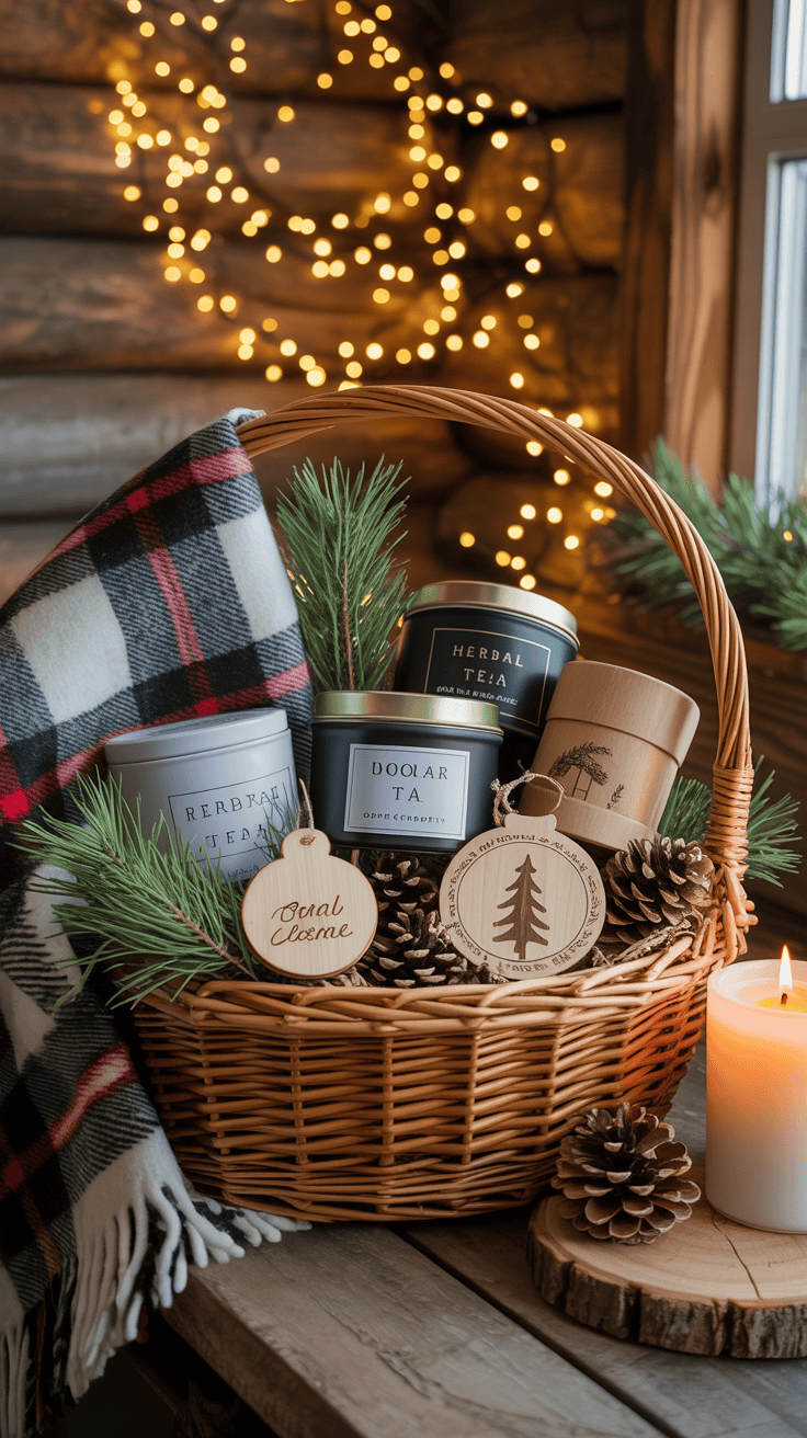 Rustic cabin-style gift basket with plaid blanket, pine candle, wooden ornament, and tea.