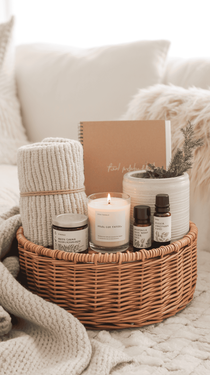 Winter wellness gift basket with blanket, soy candle, tea, journal, and essential oil roller.