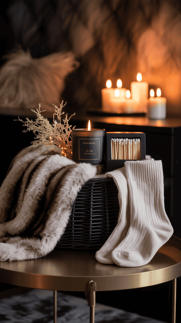 Luxury winter gift basket with faux-fur blanket, matte candle, gold matches, and cashmere socks.